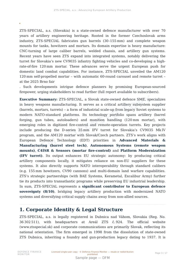Sample page from “ZTS-SPECIAL, a.s.: Advancing European Artillery Production” — 18-page report