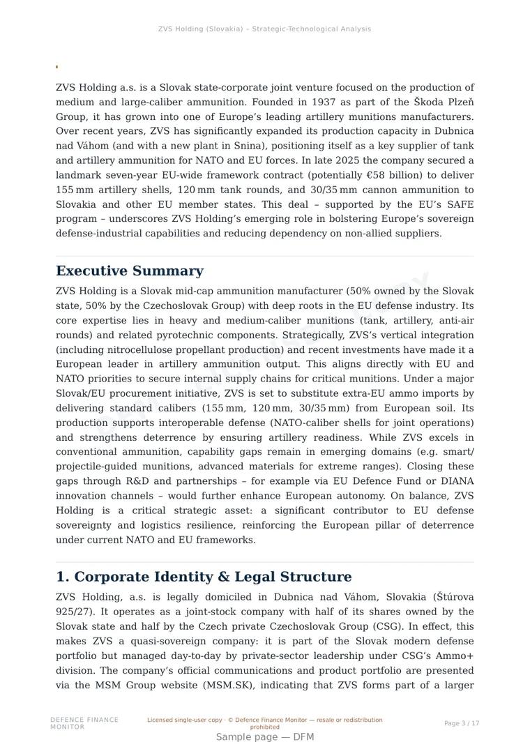 Sample page from “ZVS Holding a.s. — Slovakia defence company” — 18-page report